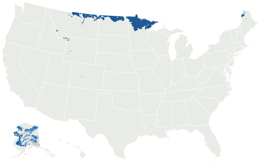 Map of the United States with USDA zone 3 shaded