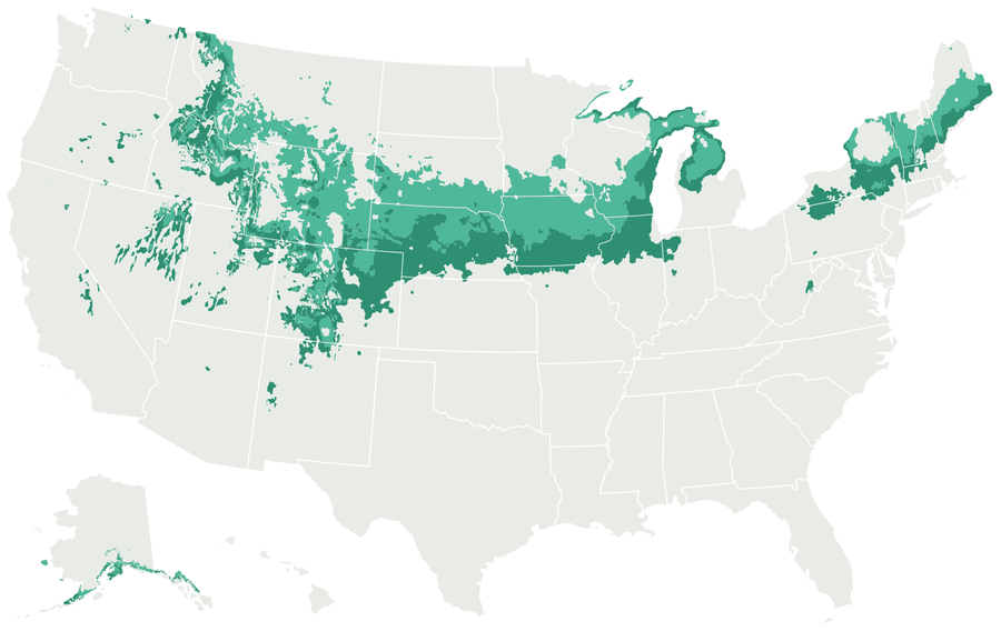 Map of the United States with USDA zone 5 shaded