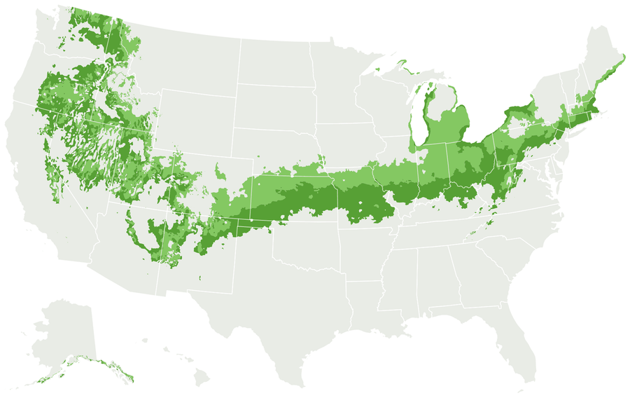 Map of the United States with USDA zone 6 shaded