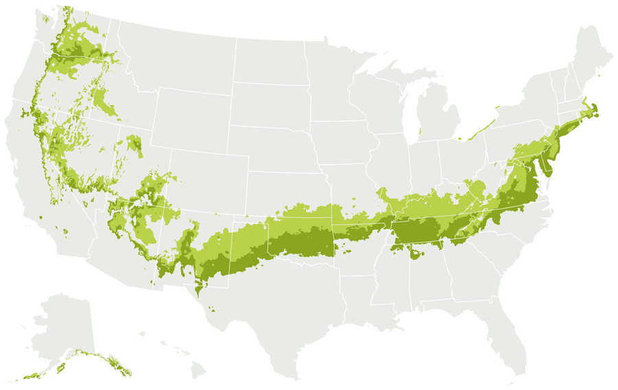 Map of the United States with USDA zone 7 shaded