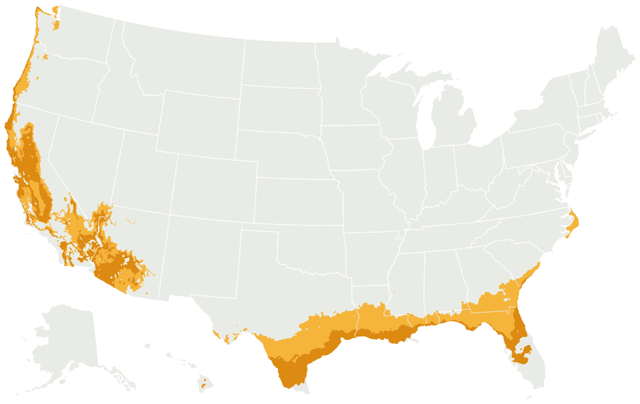 Map of the United States with USDA zone 9 shaded